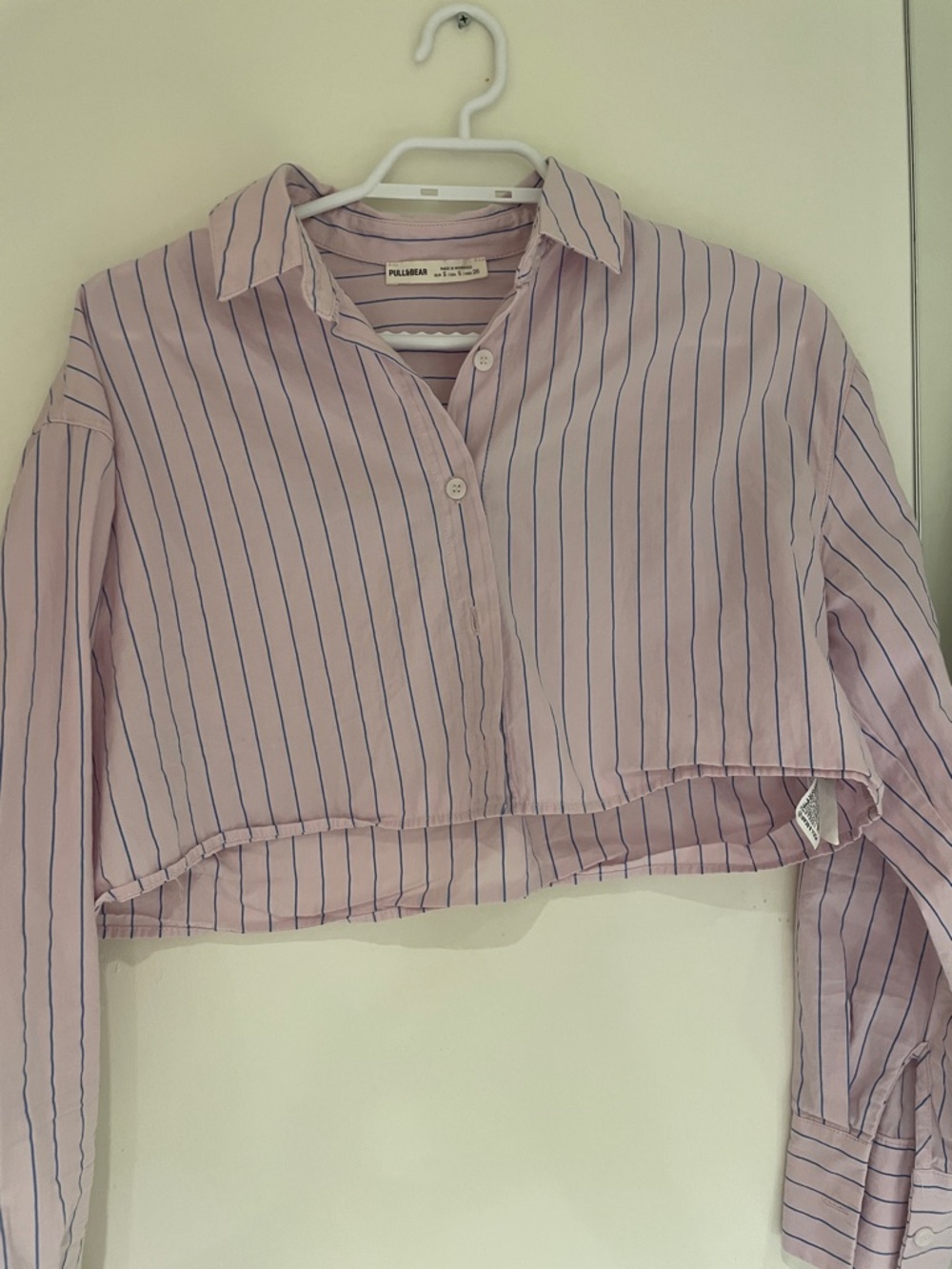Pull&Bear Pink Pinstripe Cropped Button-Up Shirt